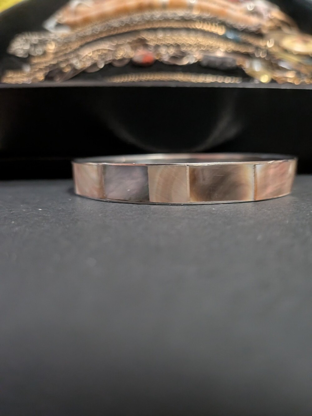 Vintage Minimalist Silver Mother of Pearl Inlay Block Bangle Bracelet